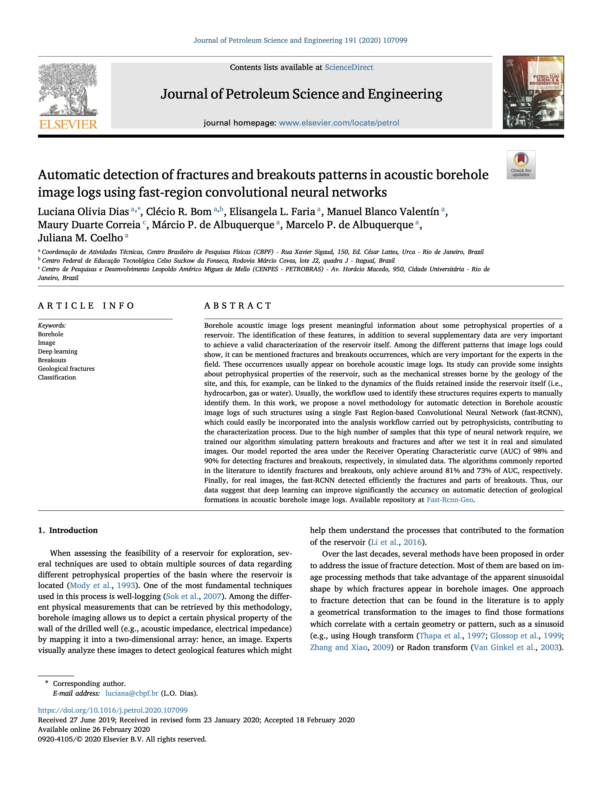 Automatic detection of fractures and breakouts patterns in acoustic borehole image logs using fast-region convolutional neural networks.