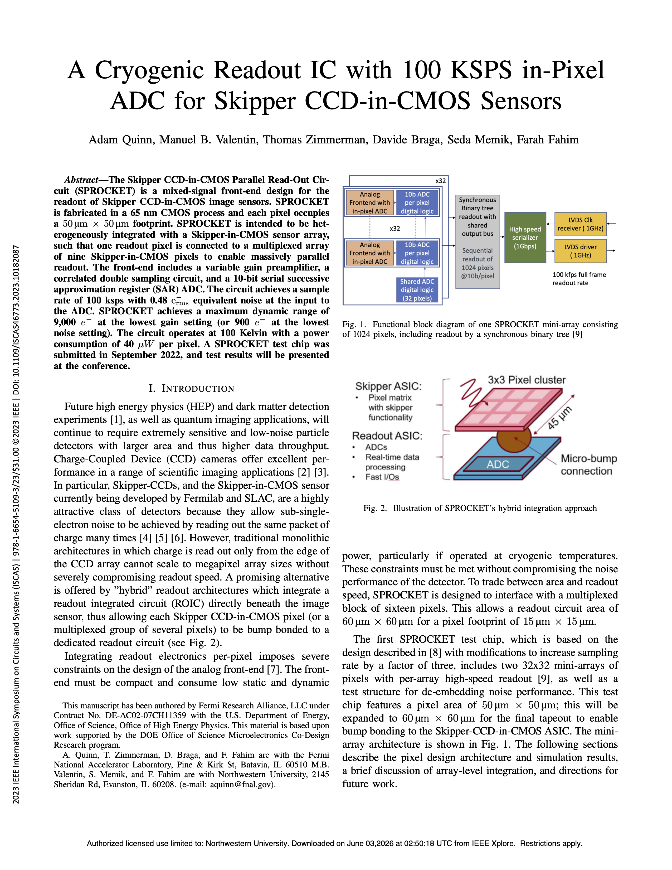 A cryogenic readout ic with 100 ksps in-pixel adc for skipper ccd-in-cmos sensors.