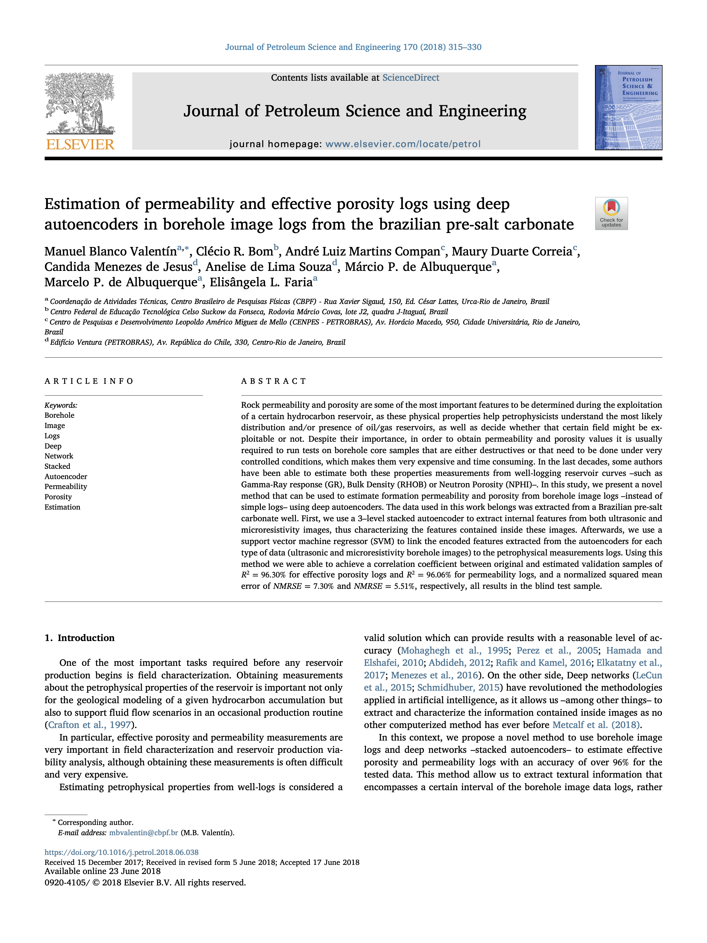 Estimation of permeability and effective porosity logs using deep autoencoders in borehole image logs from the Brazilian pre-salt carbonate.