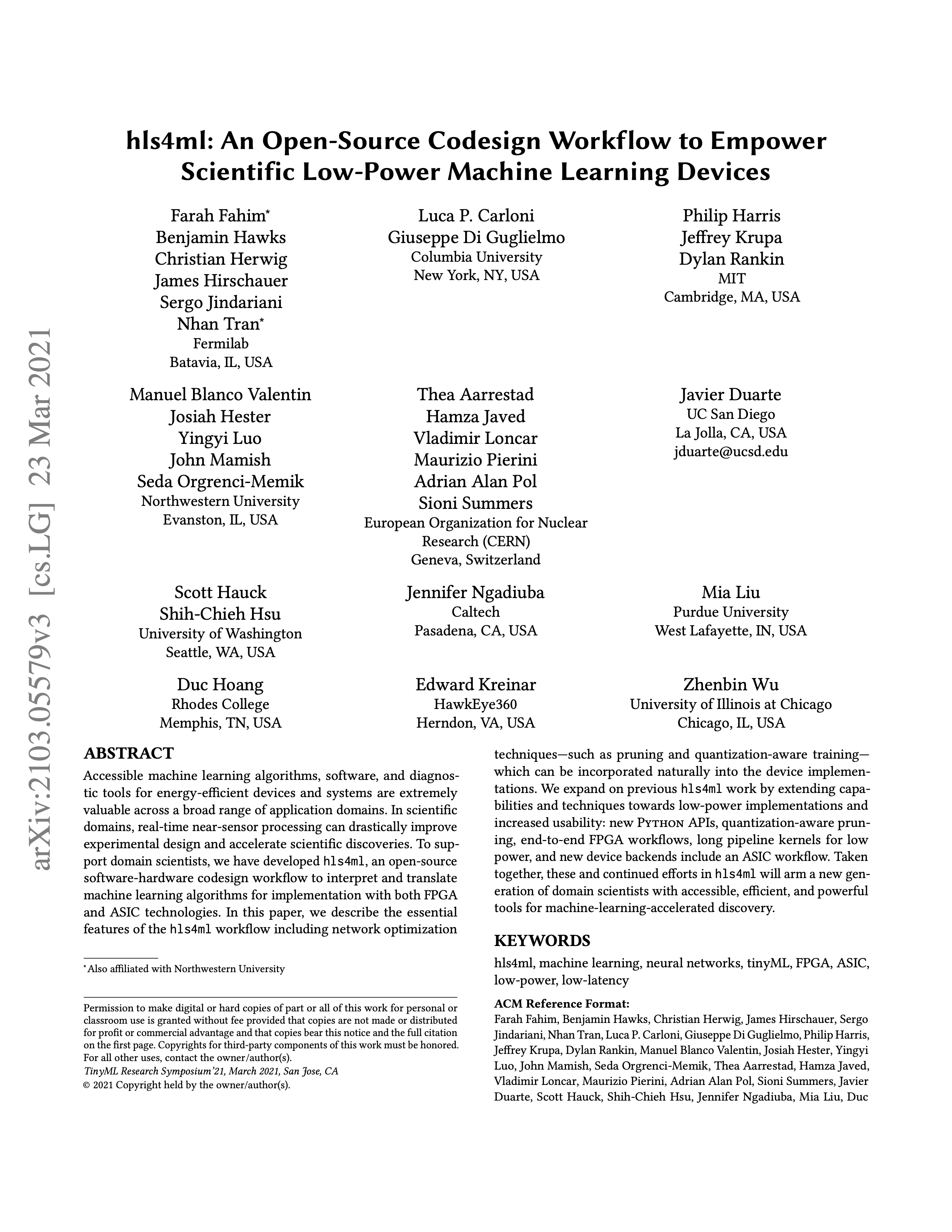 hls4ml: An open-source codesign workflow to empower scientific low-power machine learning devices.