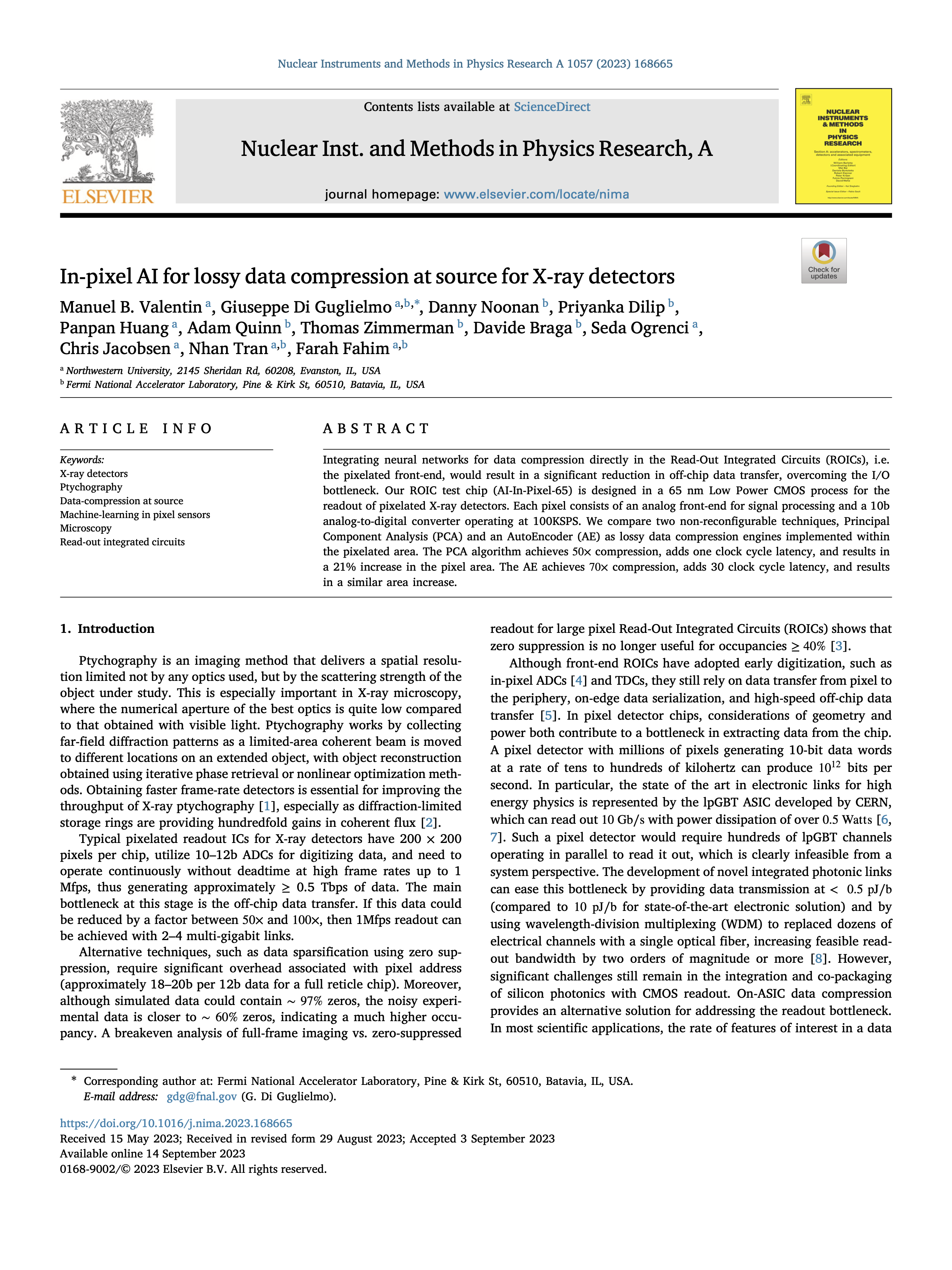In-pixel AI for lossy data compression at source for X-ray detectors.