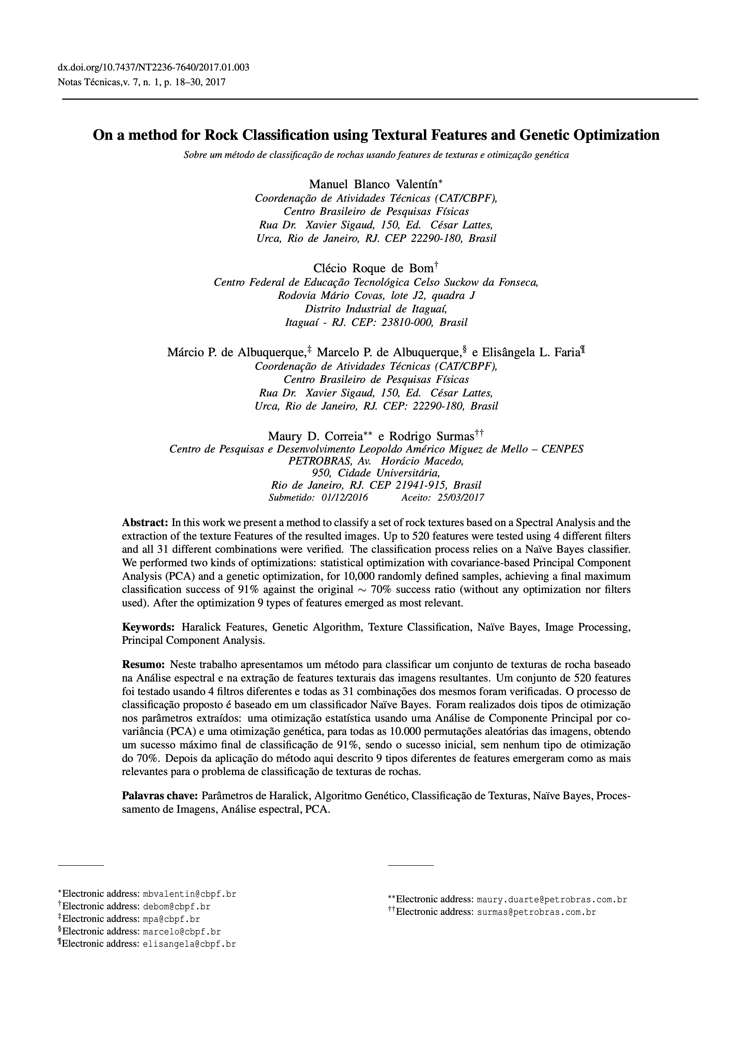 On a method for Rock Classification using Textural Features and Genetic Optimization.