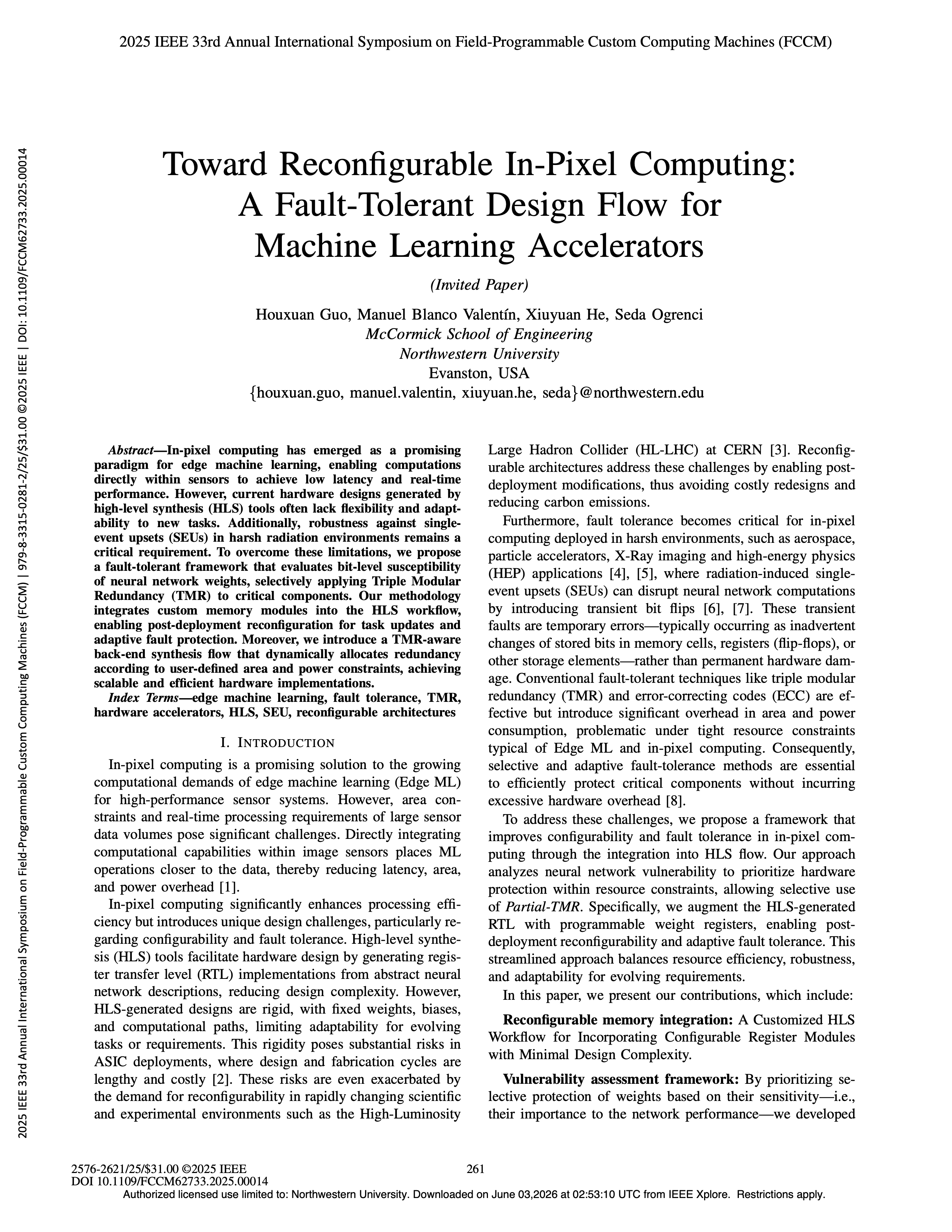 Toward Reconfigurable In-Pixel Computing: A Fault-Tolerant Design Flow for Machine Learning Accelerators.